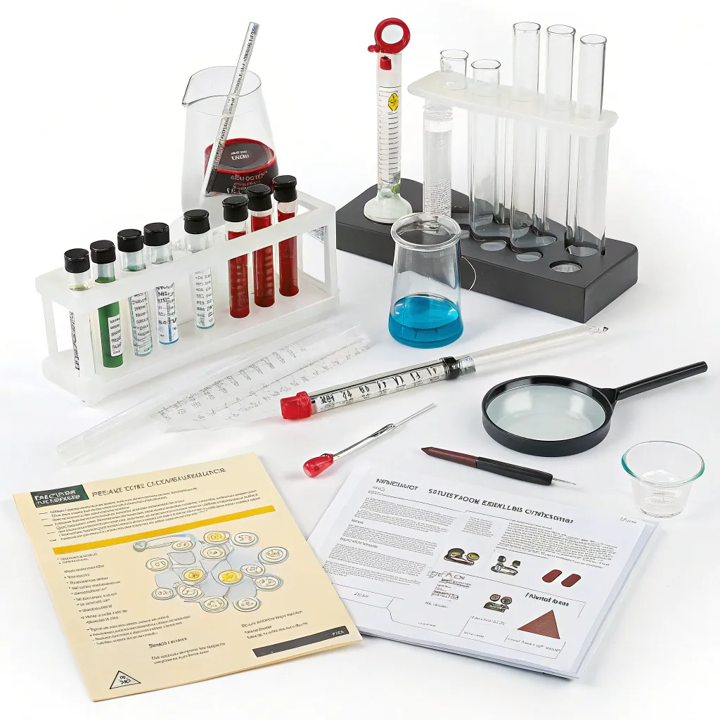 Scientific experiment kit with various tools and guides